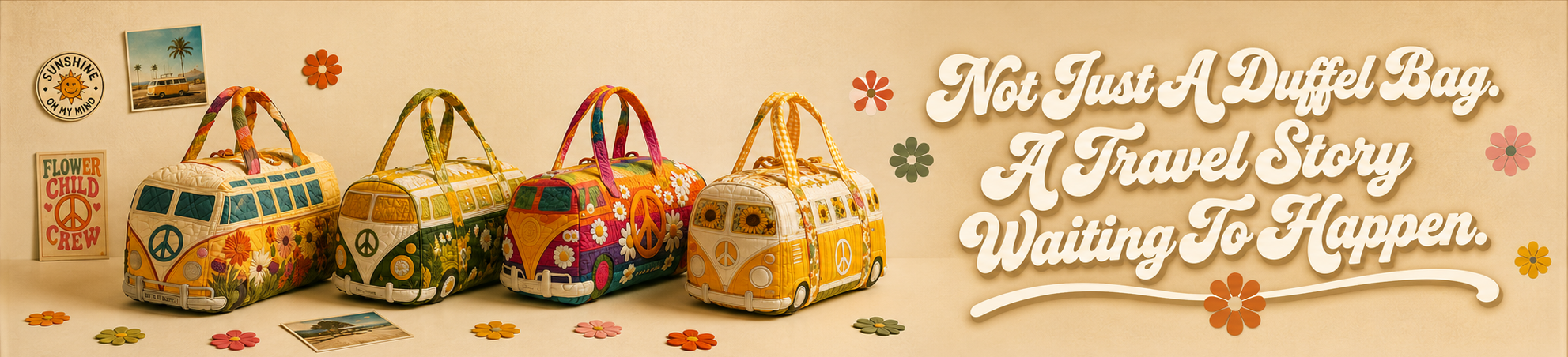 Set of colorful duffel bags with a travel-themed quote on a beige background